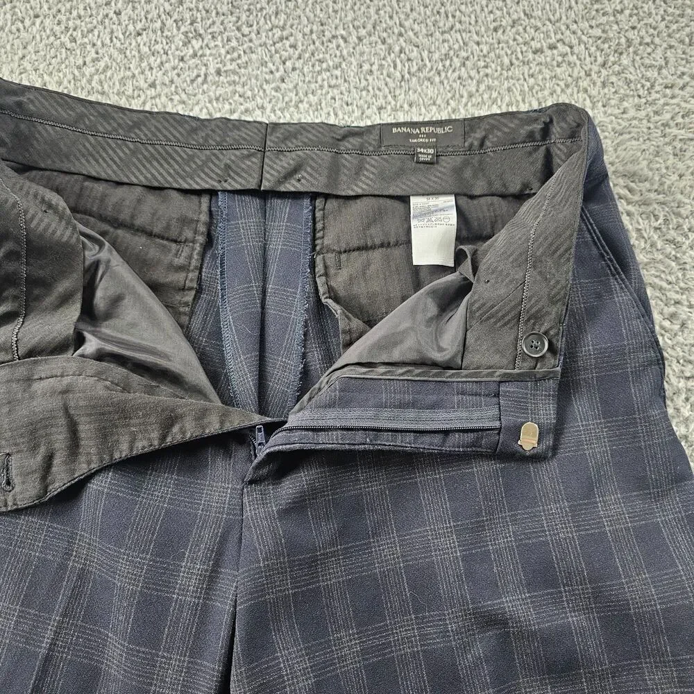 Banana Republic Dress Pants Mens 34x29 Blue Plaid Wool Blend Dark Academia